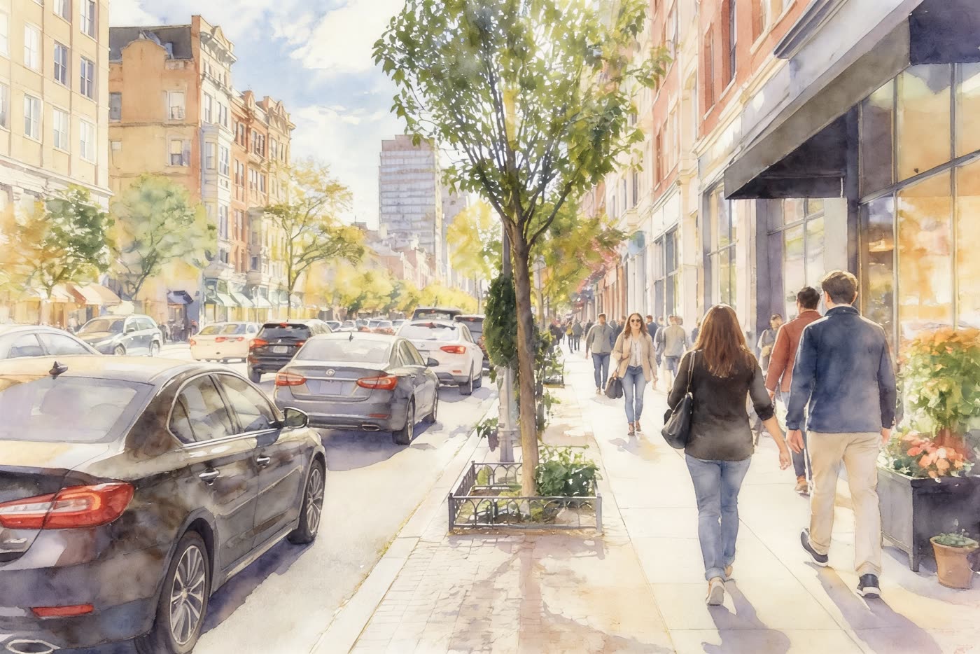 A city street with shops and people — after