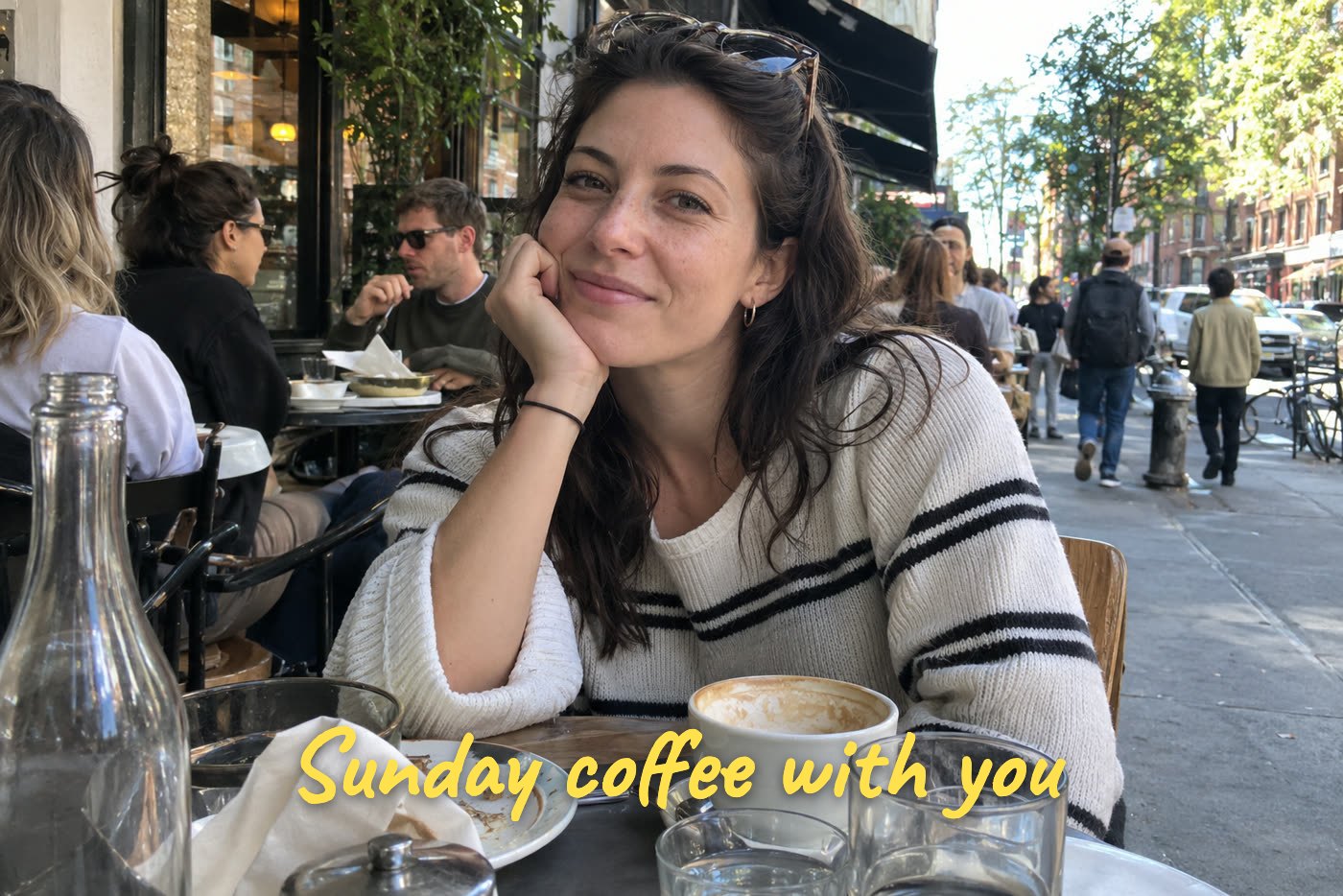 A café portrait with handwritten text — after