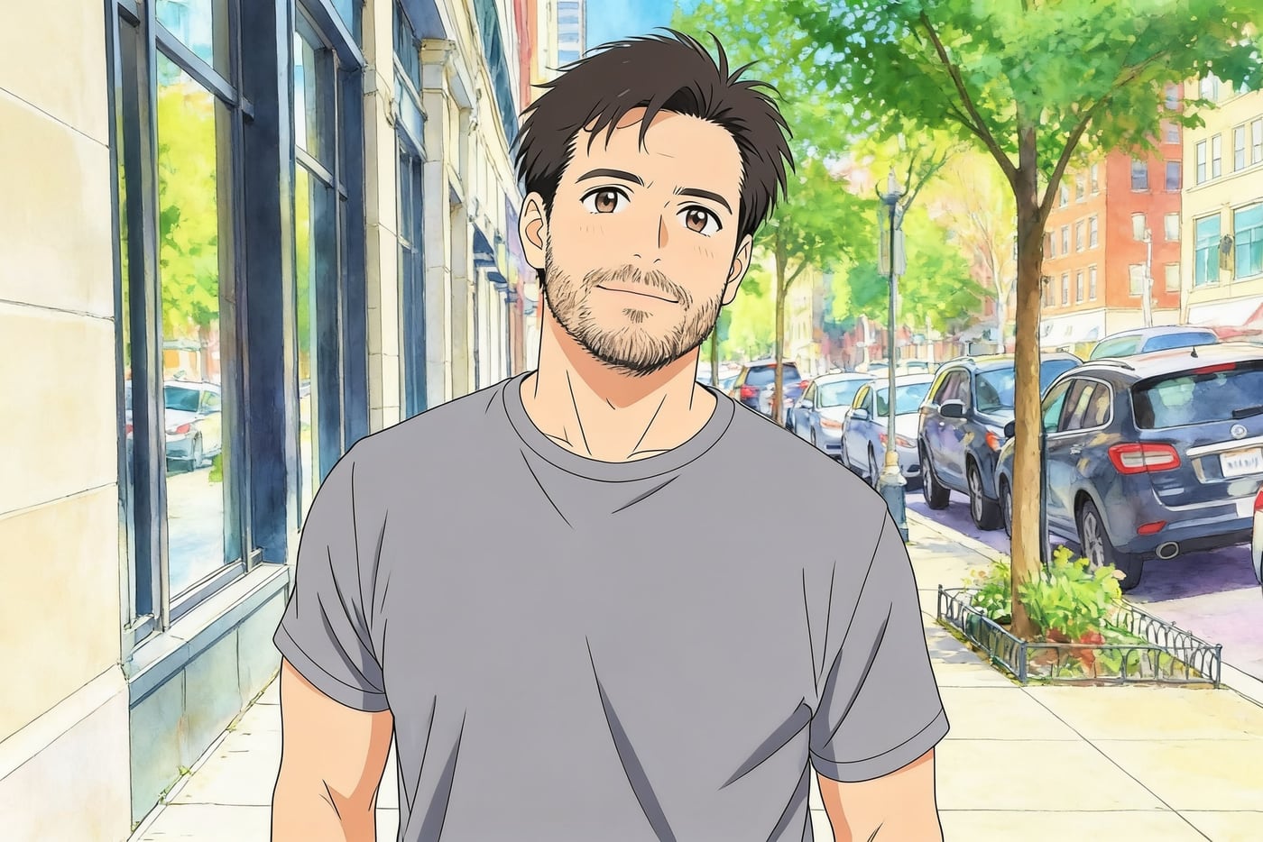 A man on a city street redrawn as an anime illustration — after