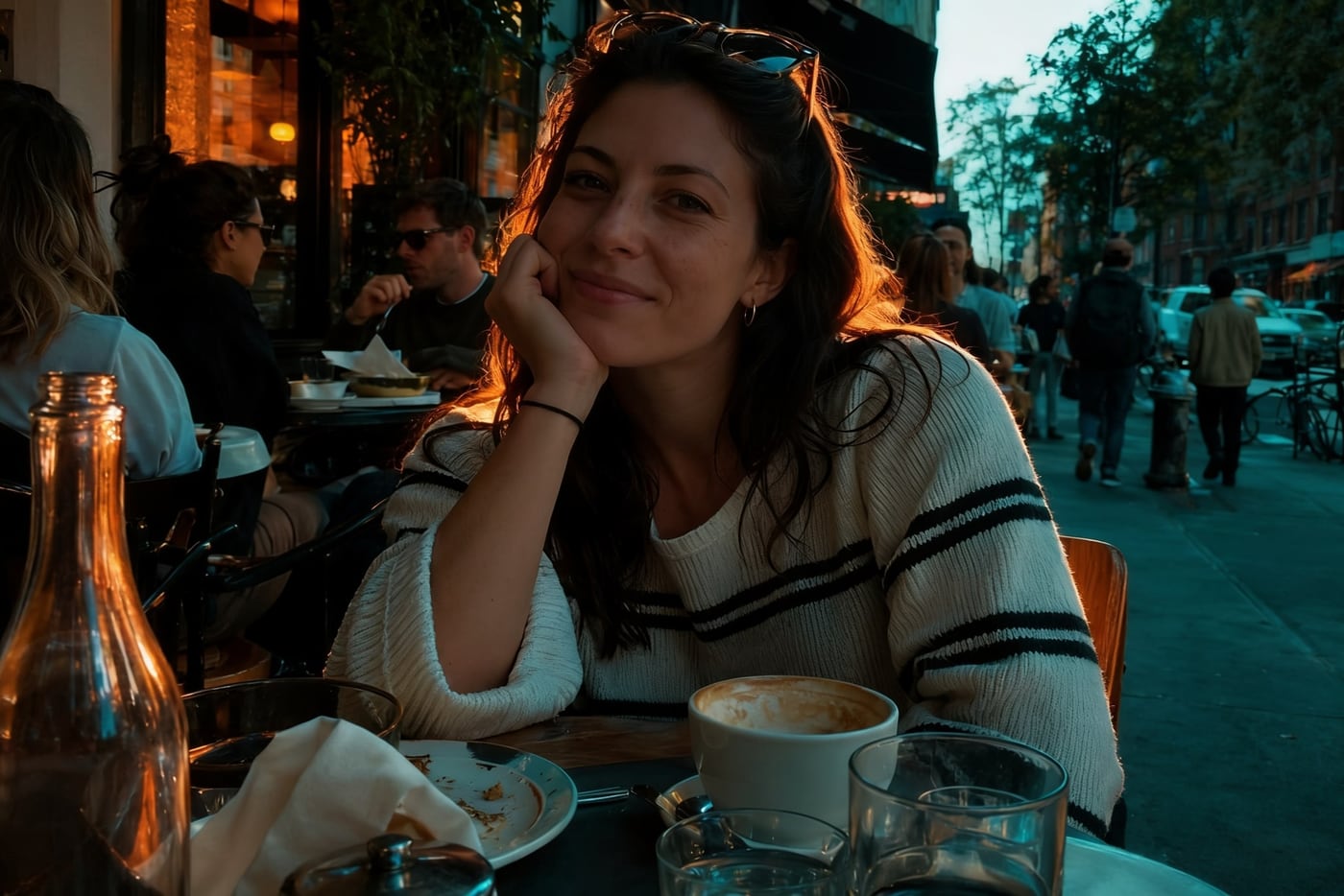 A woman at a café table turned into a cinematic movie still — after