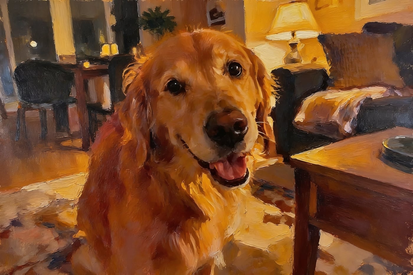 A golden retriever in a dim living room repainted as an oil painting — after