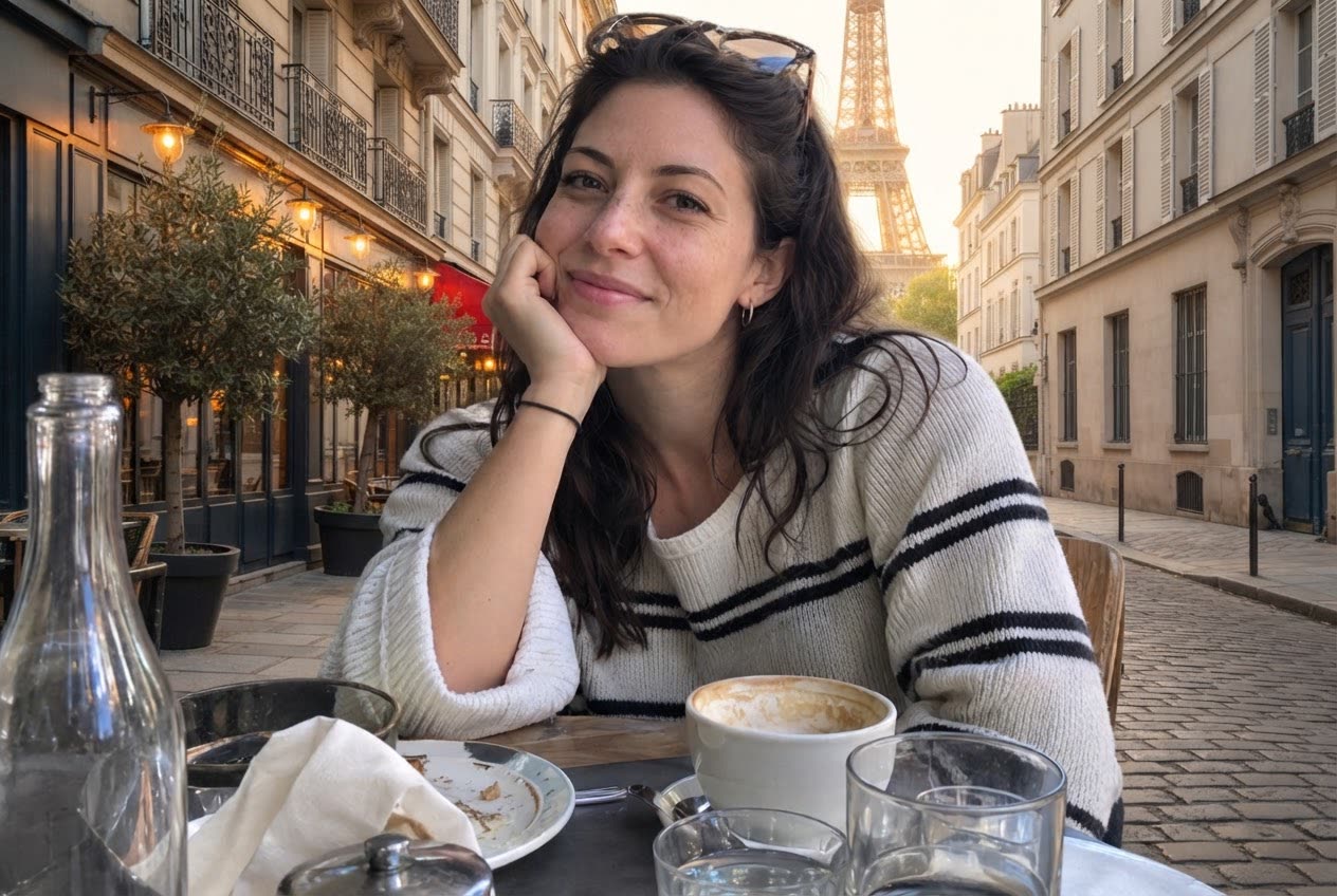 A woman in a busy café — after