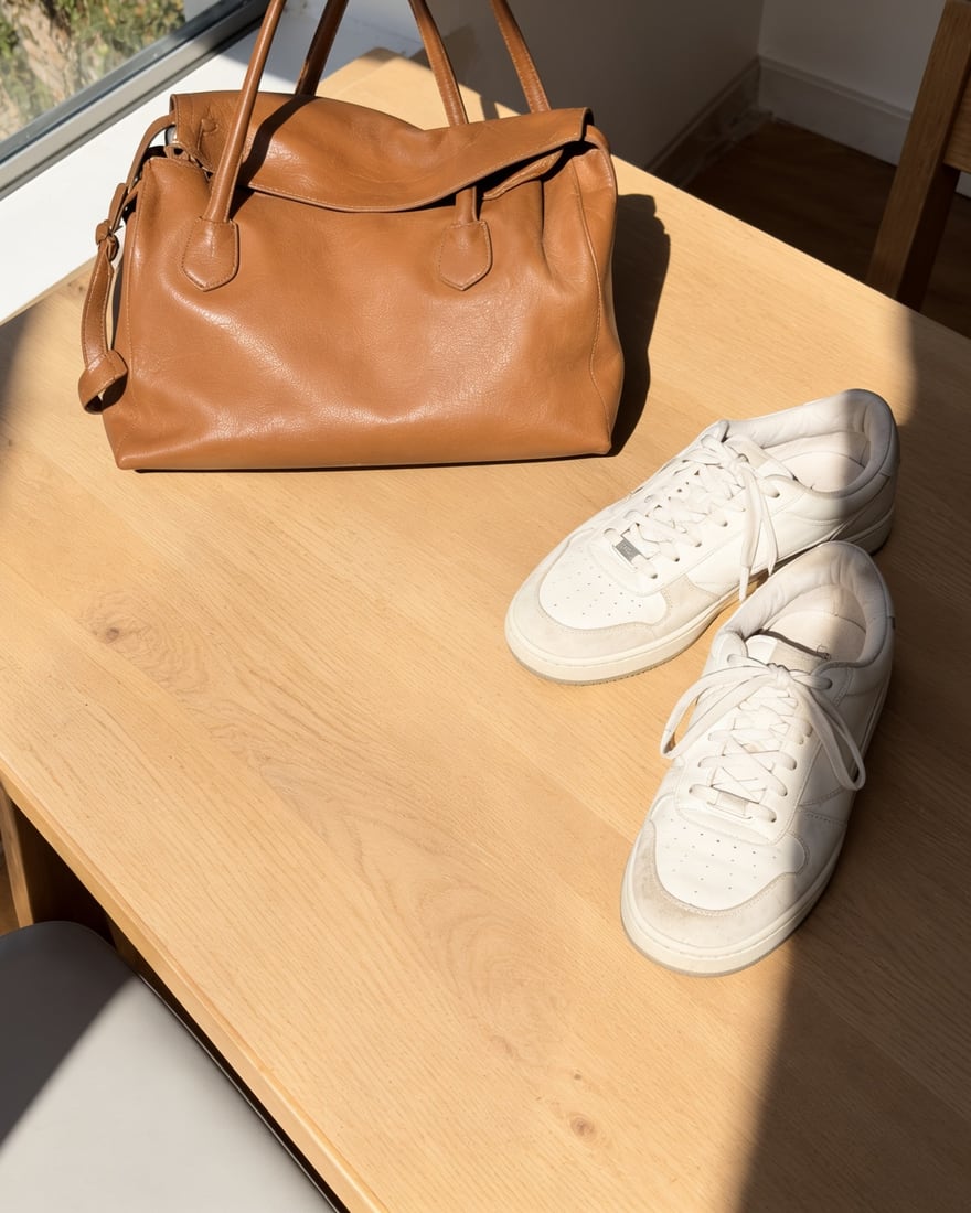 A leather bag and white sneakers on a table with the photographer's shadow across them — after