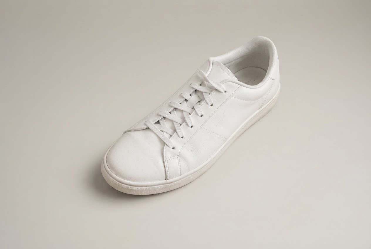 A sneaker on a cluttered desk — after