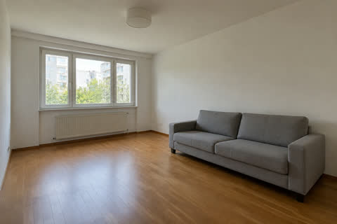 A bright living room with a grey sofa and a radiator under the window