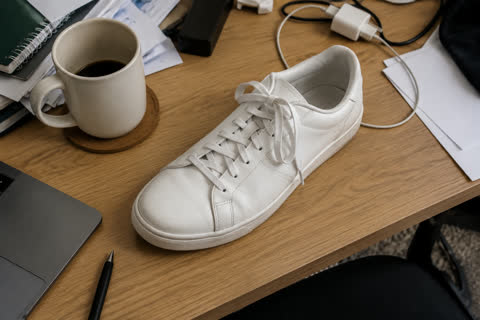 A sneaker on a cluttered desk